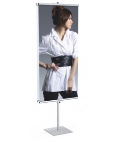Height adjustable Retail banner stand with banner haging dowels