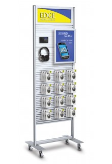 Rolling slatwall stand with a header frame and casters