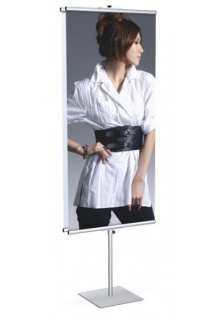 Height adjustable Retail banner stand with banner haging dowels