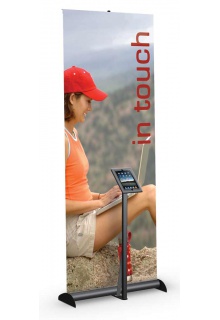 Floor standing tablet display integrated with retractable banner stand